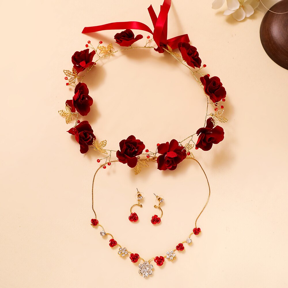 3PCS/Set Flower Jewelry Sets Red Floral Headband Bridal Wedding Headpiece Bijoux Women Party Necklace Earrings Handmade