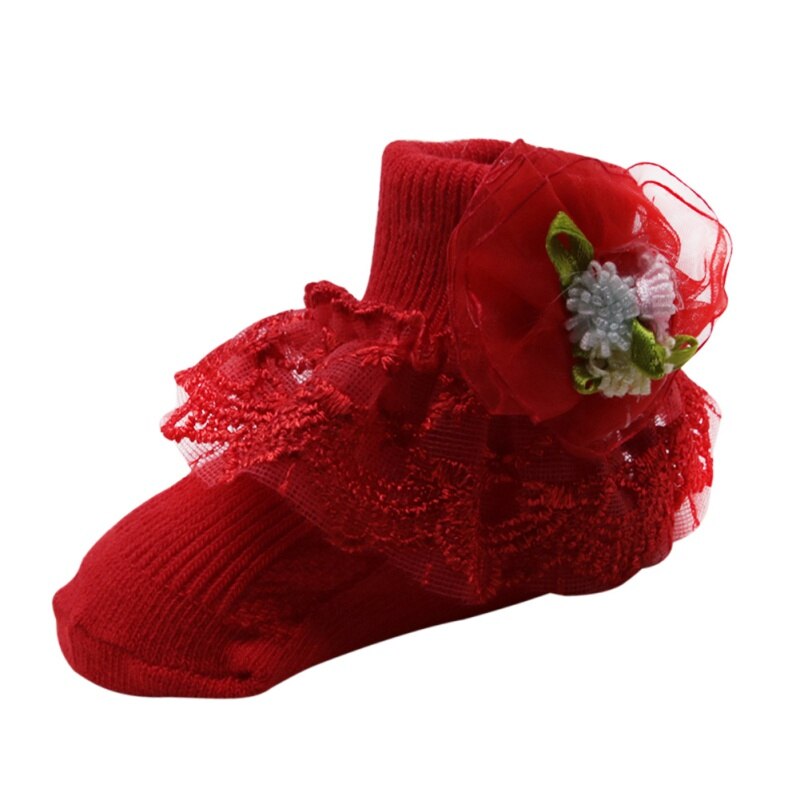 Kawaii Cute Baby Girls Cotton Sweat Absorbent Non - Slip Socks With Lace Floral Socks
