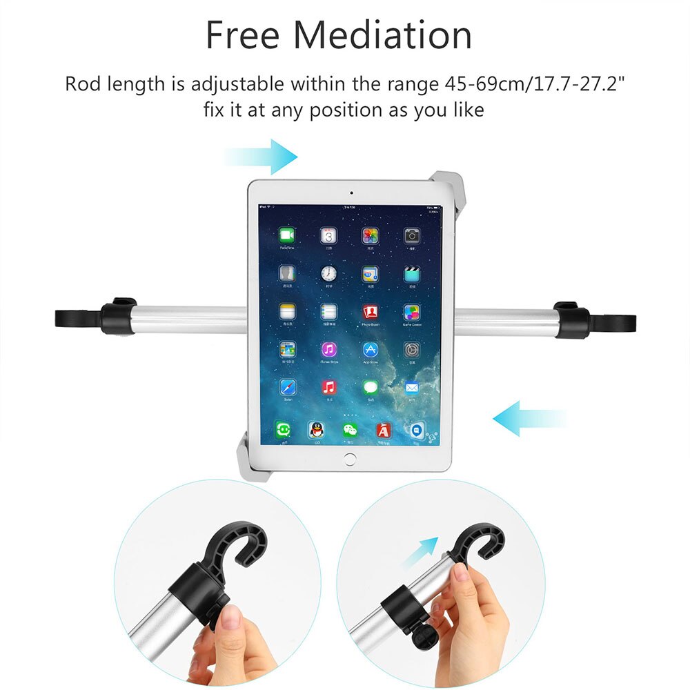 Car Tablet Holder - 7-10.5" Screen - Adjustable Rod 45-69cm - ABS + Aluminum - For iPad, Samsung