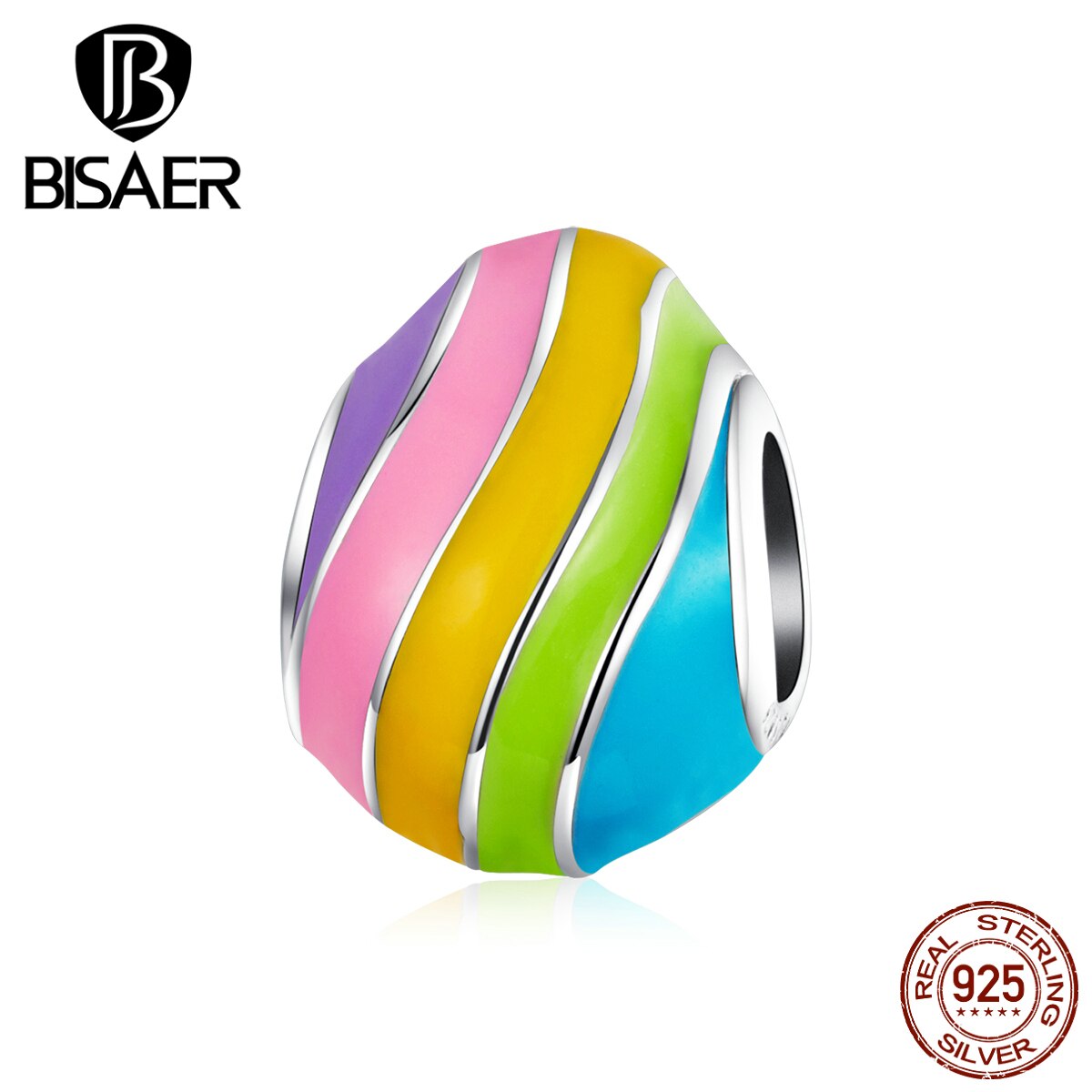 Easter Eggs Beads BISAER 925 Sterling Silver Rainbow Enamel Easter Egg Charms for Bracelets Original Silver 925 Jewelry EFC223