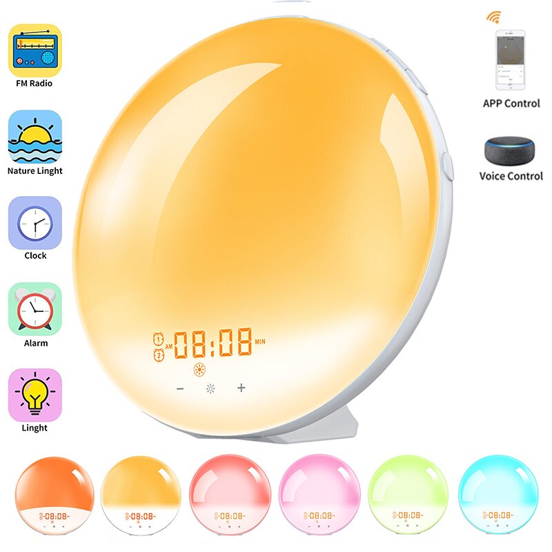 Alarm Clock Wake Up Light Smart Digital Snooze Nature Night Lamp Sunrise Colorful Light Nature Sounds FM Radio 7 Colors Sunrise: WIFI-APP  version
