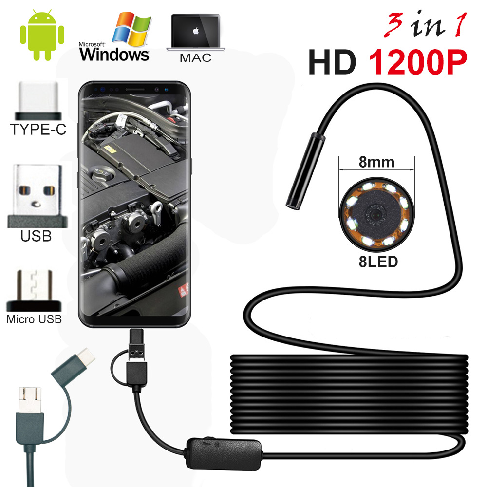1200 p TYPE-C Android Micro/USB Endoscoop Camera Semi Stijve Buis Snake Borescope Inspectie Camera 'S 8mm Len 1 /2/5 m voor Android PC