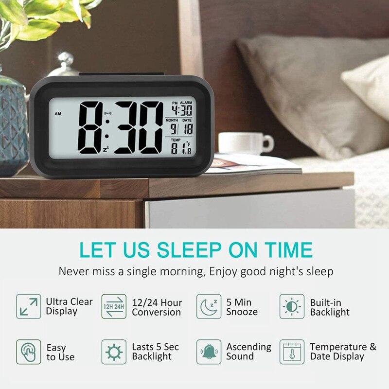 LED Display Digital Alarm Clock Snooze Battery Clock with Date Calendar Temperature for Bedroom Home Office Travel