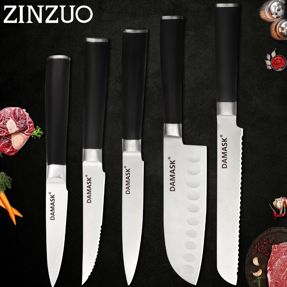 Zinzuo Master Chef Keukenmessen 3Cr13mov Super Sharp Blade Pakka Houten Handvat Roestvrij Stalen Mes Japanse Koken Gereedschap: 5 pcs set