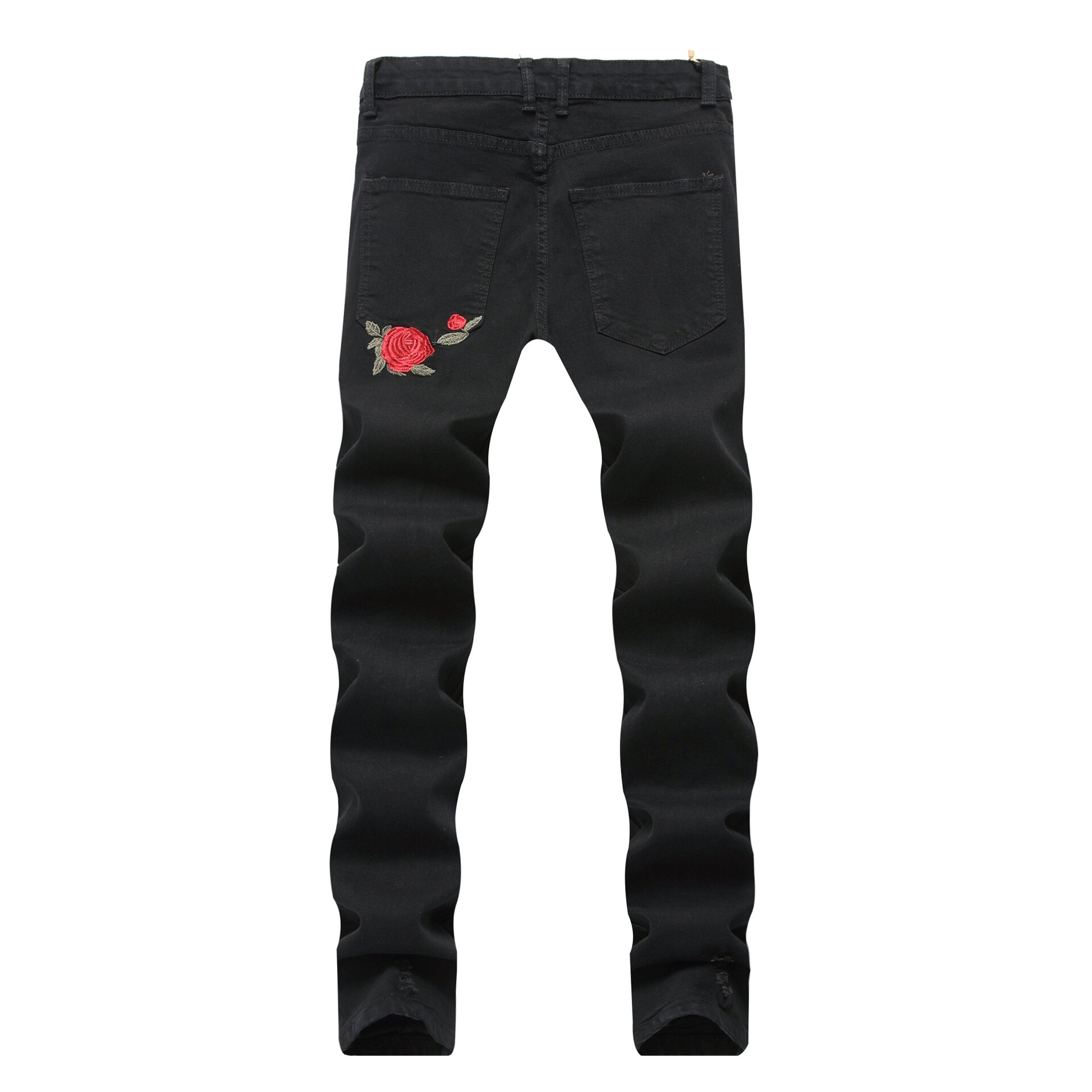 Vomint Black Ripped Jeans Met Borduurwerk Mannen Met Bloemen Rose Geborduurde Mannen Denim Jeans Stretch Skinny Jeans Broek: Back flower 1835 / 32