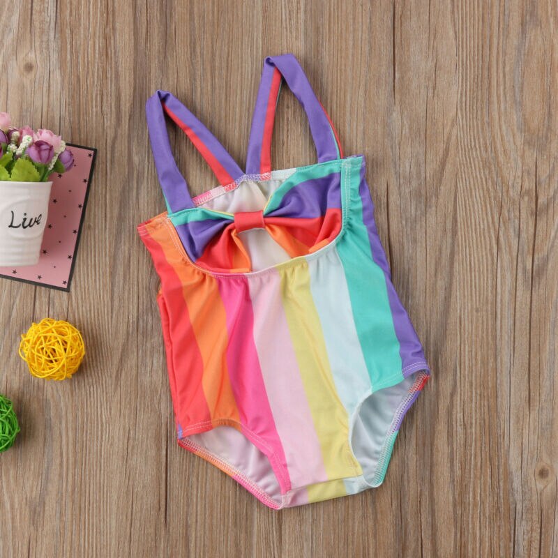 0-5y badkläder baby barn söta bikinis tjejer baddräkt i ett stycke regnbågsgrimma bowknot hög midja hål strandkläder baddräkt