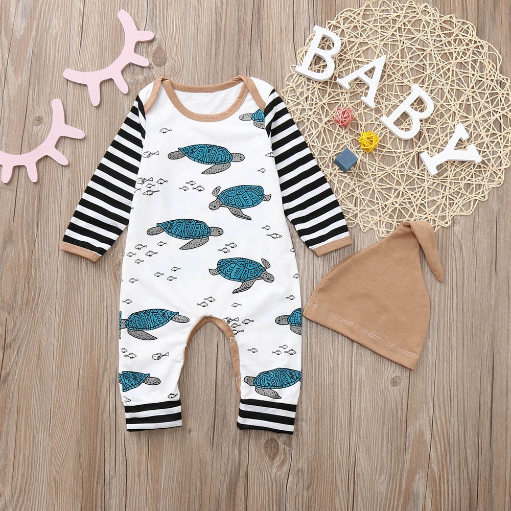 Newborn2018 Baby Baby Jongen Meisje Tortoise Gestreepte Romper Jumpsuit Hoed Kleding Set Schildpad Gedrukt Harnas Jumpsuit