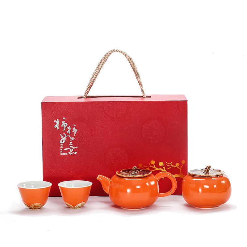 Persimmon Tea Set Chinese Tea Set Tea Pot Tea Can and Cups for Business