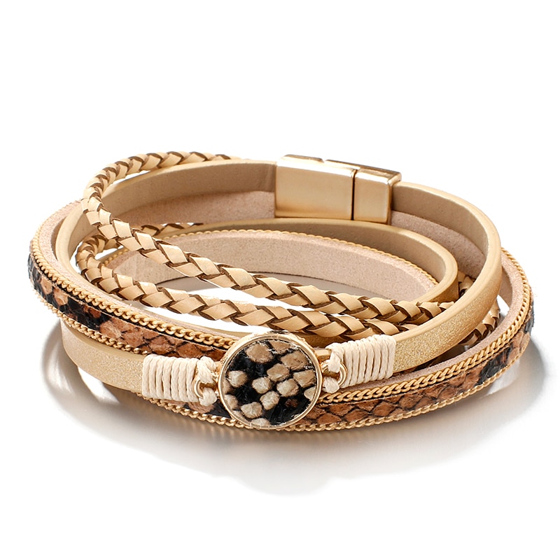 Flashbuy Unieke Weave Ronde Luipaard Lederen Armbanden Voor Vrouwen Eenvoudige Vintage Braid Charms Wrap Armbanden Mode-sieraden