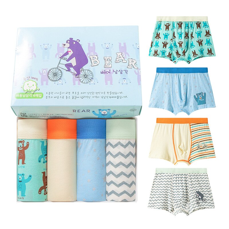 4Pcs/1lot Kids Boys Cartoon Print Underwear Children Cute Bear Pattern Boxers Teenage Boys Cotton Underpants Age For 3-14Y: 11-12Y(80)