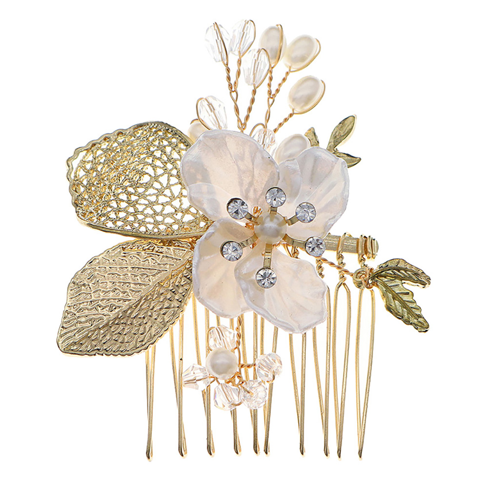 1 Pc Bloem Haar Kam Legering Haar Decor Parel Kant Haar Kam (Golden): Default Title