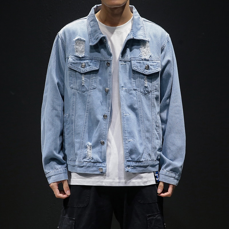 Men Light Blue Denim Jackets Holes Jean Jackets Streetwear Casual Denim Coats Men Cotton Outwear Slim Denim Jackets Size 5XL