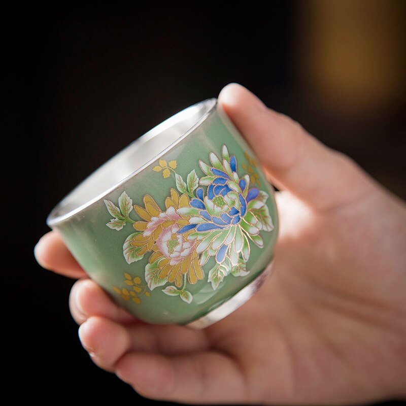 Taza de té dorada de plata 999, vaso Maestro de cerámica, flor a la parrilla, lámina dorada, taza de té Kung Fu
