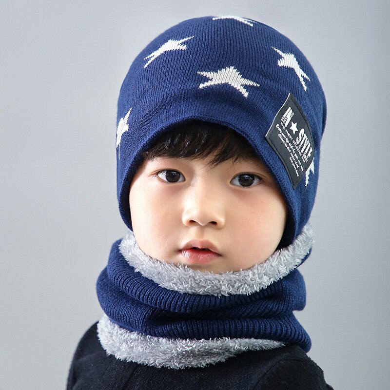 2 stk børn vinter varm strikket hat med tørklæde sæt skullies beanies til 3-14 år gammel drenges børn udendørs sports sæt: Flåde