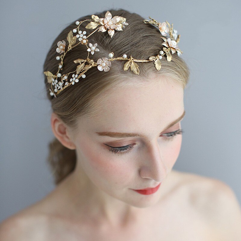 Tiara de flores para boda con hojas de oro, accesorios de estrás para el pelo, diadema nupcial hecha a mano, tocado de para mujer