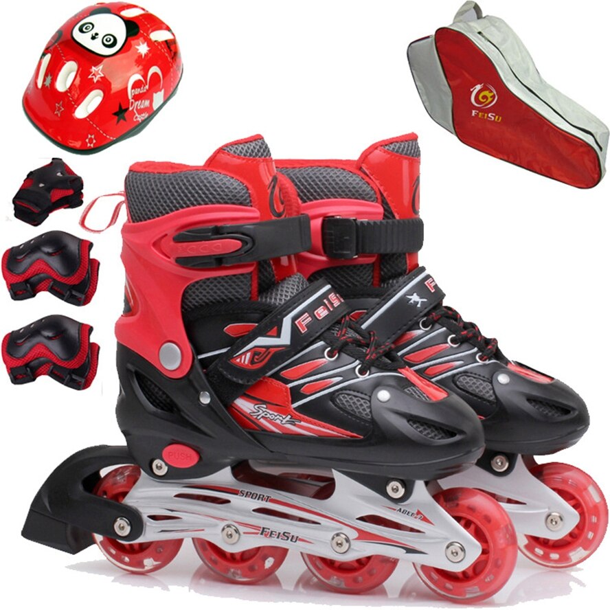 9 Stks/set Kinderen Knipperende Verstelbare Skates Inline Skate Roller Kids Schaatsen Schoenen Helm Knie Pols Protector Gear Tiener: red Size S 31-34