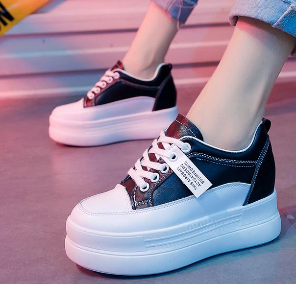 Verborgen Hakken Vrouwen Platform Wedge Sneakers Dames Lederen Witte Schoenen Vrouwelijke Krasovki Tenis Feminino Casual 8cm Hak