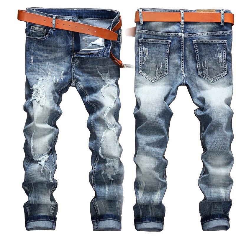 Rechte Denim Broek Gebroken Hip-Hop Stretch Jeans Lichtblauw Plus Size Heren Lente En Zomer Denim Jeans casual Revers