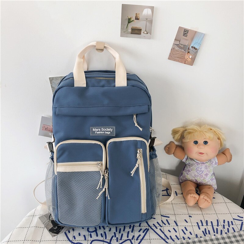 DCIMOR Large Capacity Double-deck Waterproof Nylon Women Backpack Multi-pocket Ring Buckle Portable College Girl's Schoolbag: blue / With White bear