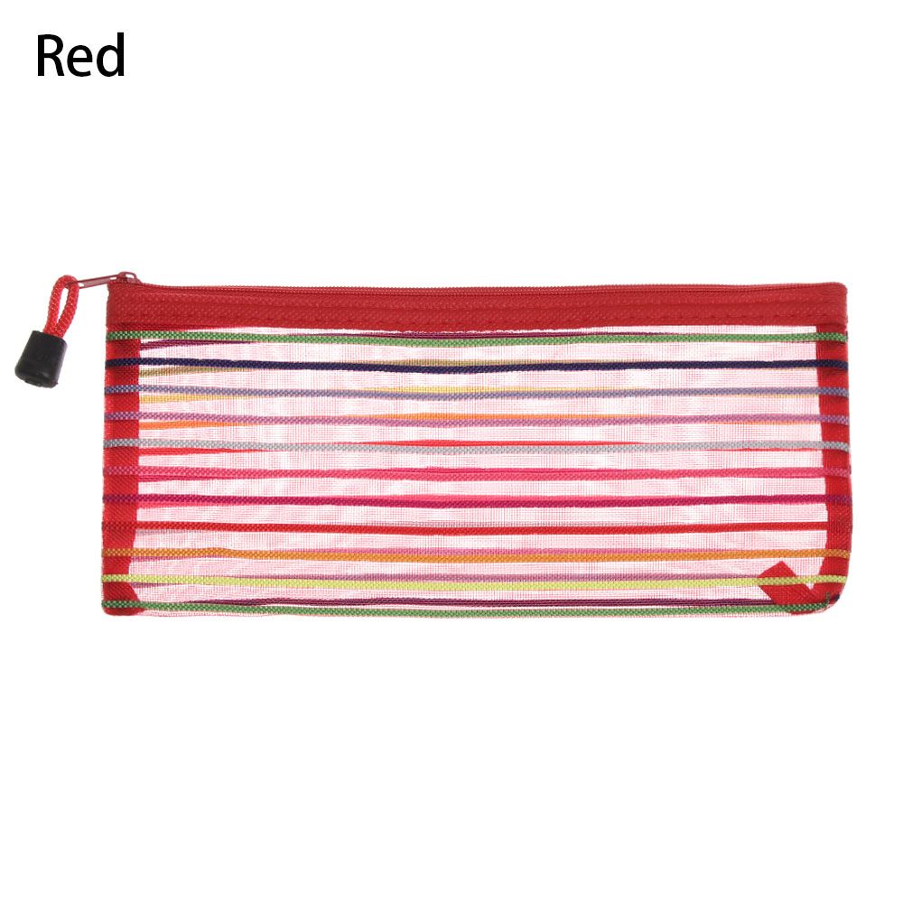 Effen Kleur Nylon Rits Etui Mesh Pen Zak Cosmetische Opslag Transparante Raster Handtassen Portemonnee Mode: red