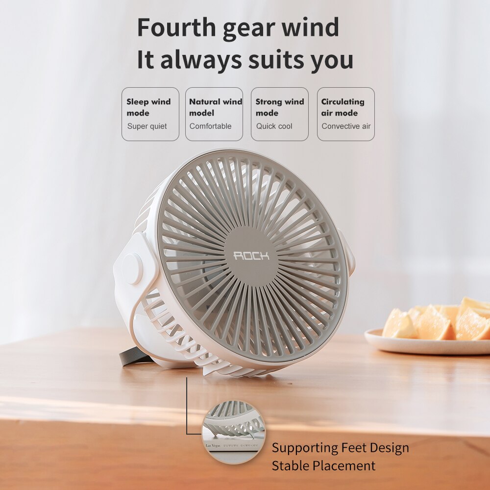 Rock ventilador de mesa 360 graus rotação fornecimento de ar 4000mah pendurado ventilador de carregamento usb baixo ruído 4 modo purifica o ventilador de refrigeração de ar