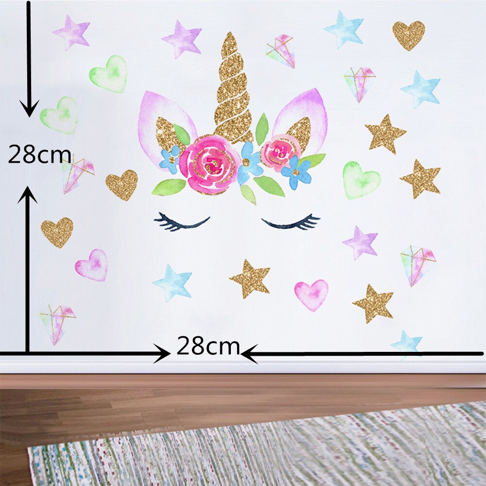 Pegatina de pared de unicornio dorado para habitación de niños, pegatina decorativa de dibujos animados, calcomanía de unicornio de estrella, fondo extraíble, decoración de pared: KSD8816-1