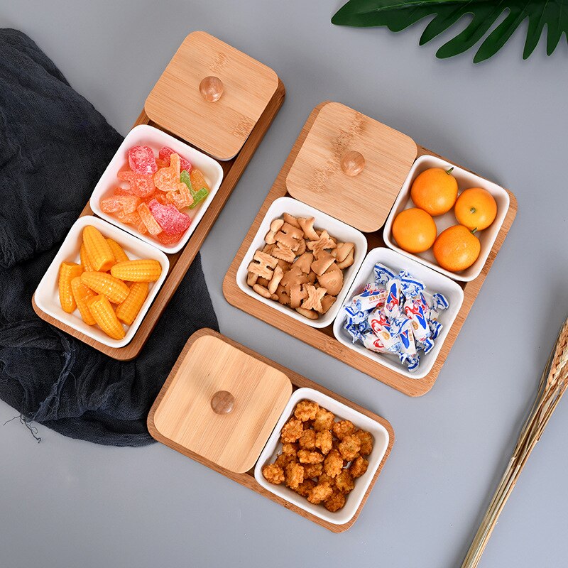 Japanese-style Ceramic Wooden Food Storage Tray Home Kitchen Multi Grid Nut Snack Candy Organized Decoration Trays