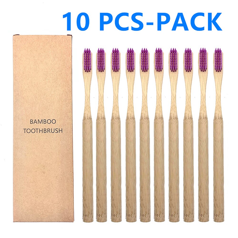 10Pcs Natural Toothbrush Eco-Friendly Rainbow Bamboo Medium Bristle Biodegradable Teeth Brush Solid Bamboo Handle Toothbrush: 10 PCS Purple Color