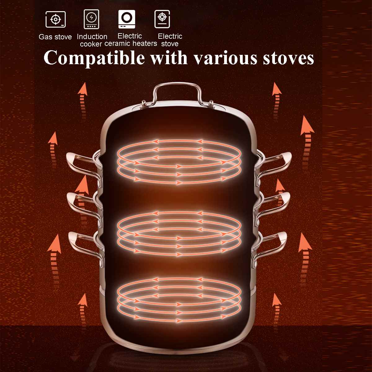 3-layers 410 Stainless Steel Steamer Pot Steaming Cookware Pot Cookware Multifunctional Use, Boil, Steam and Stew Portable