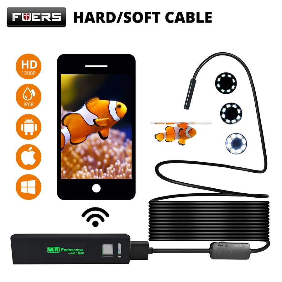 WIFI Endoscope Camera 8MM Mini Waterproof Wire Borescope 1M 2M 3.5M 10M IP68 8LED Inspection Camera For Android PC IOS Endoscope