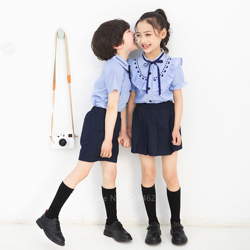 Summer Teenagers School Uniforms Girls Plaid Skirt Performance Costumes Kids Japanese Style Clothing Suit 2pcs Class Set Korean