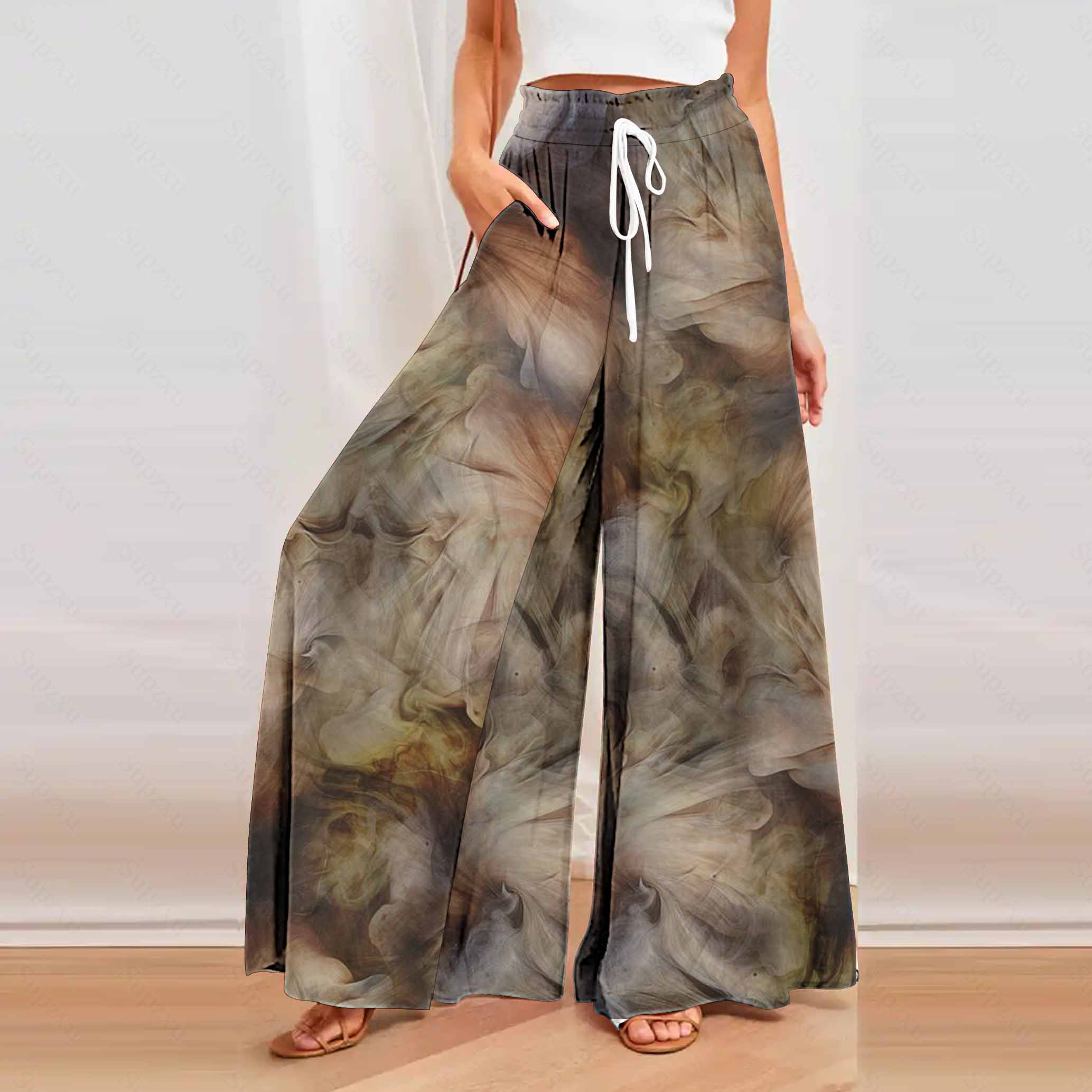 Women's Wide Leg Trousers ZANZEA Kaftan Printed Pants Elastic Waist Long Pantalon Palazzo Casual Floral Turnip Oversized: S / Gold
