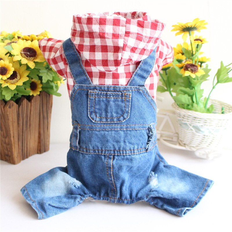 Plaid Stripe Pet Dog Jumpsuits Clothes Autumn Jean Hoodies Jacket For Small Dogs Chihuahua Overalls Casual Spring Sweatshirt 10A