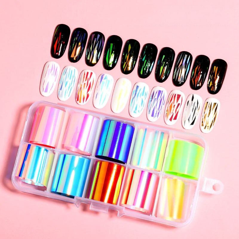 10 Kleuren Holografische Nail Art Folie Aurora Spiegel Starry Transfer Papier Shimmer Sticker Voor Manicure Diy Nail Decoraties Folies