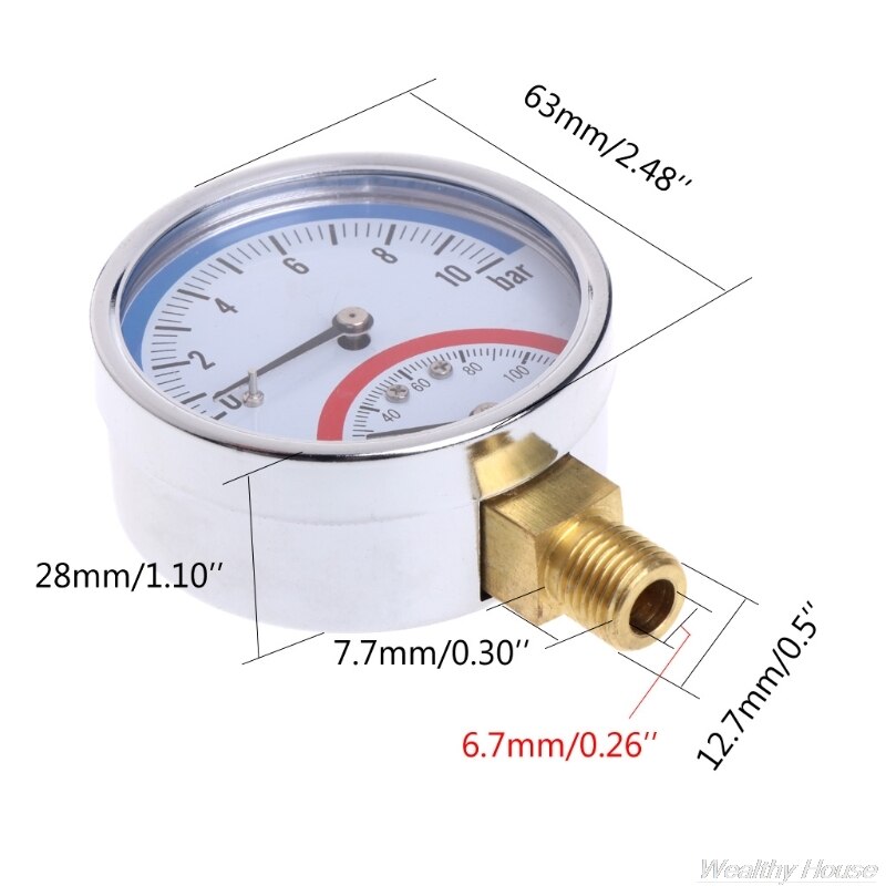 10 Bar Temperature Pressure Gauge Meter G1/4 Thread 2 in1 Thermometer Monitor D22 20