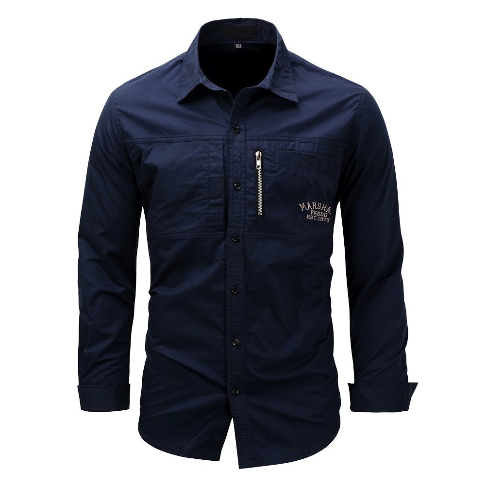 Lente Herfst Mannen Shirt Lange Mouw Effen Kleur Revers Rits Shirt Outdoor Casual Shirt Grote Maat: Navy-blue / XL