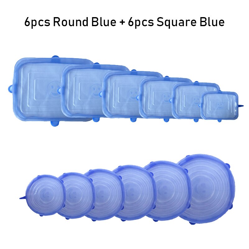 Set de couvercles réutilisables universels pour nourriture, 12 pièces, protection alimentaire en Silicone extensible, capuchon magique pour aliments, pour la nourriture: 6roundBluesquareBlue