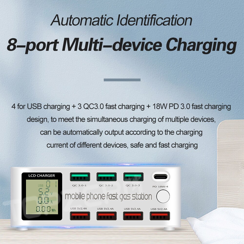 8 Port inteligentna ładowarka USB 100W szybkie ładowanie 3.0 PD 3.0 szybkie ładowanie adapter LCD wielu stacja ładująca USB dla iPhone X XS Samsung