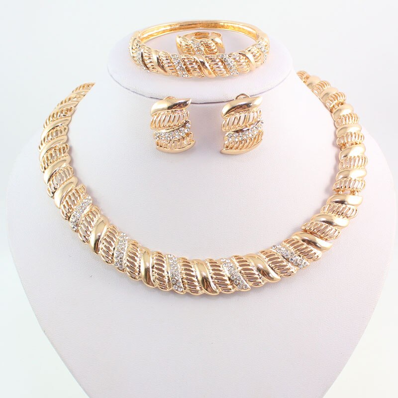 Vintage African Crystal Jewelry Sets For Women Wedding Bridal Accessories Gold Color Necklace Bracelet Earrings Ring Set: Gold