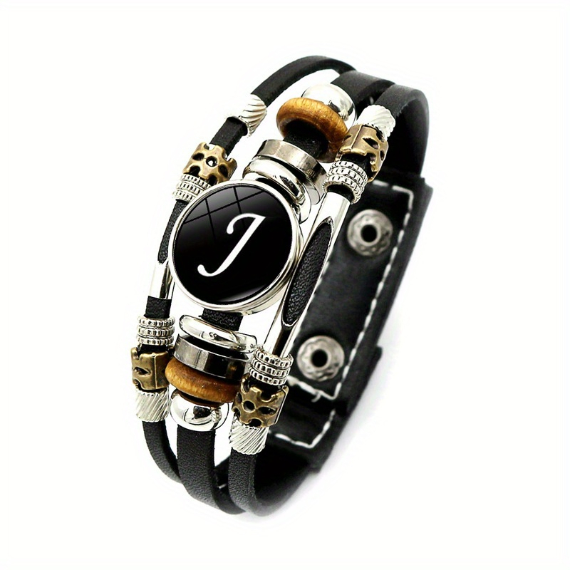 26 Engelse Letters Armbanden, Pu Lederen Armbanden, Retro Punk Stijl Handgemaakte Multi-Layer Kralen Hand Sieraden Paar: Black Zinc Plated
