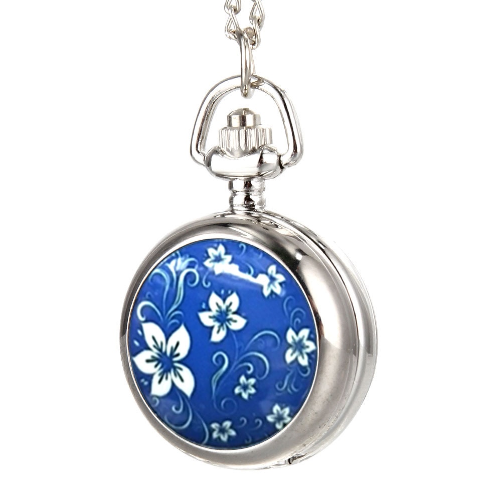 Vintage dames zakhorloge met legering, blauwe bloemenpatroon, damestrui, ketting, hanger, klok, tt@ 8