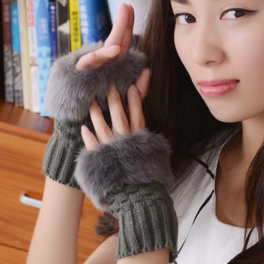 Kvinder damer vinter varm armopvarmere søde pels solid strikkede vanter: Mørkegrå