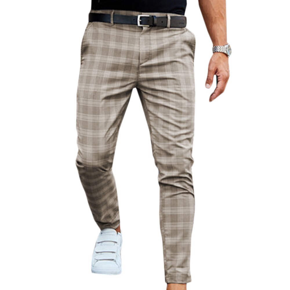 Men Pants Smart Casual Pants Men Clothing Plaid Pencil Pants Men Clothing Long Trousers Male: M / khaki
