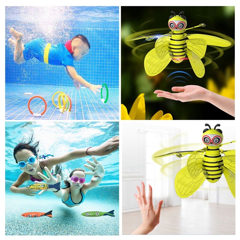 8 Pcs Swimming Pool Diving Rings, Diving Throw Torpedo Toys & 1 Set RC Bee Induction Infrared LED Light RC Aircraft Toy