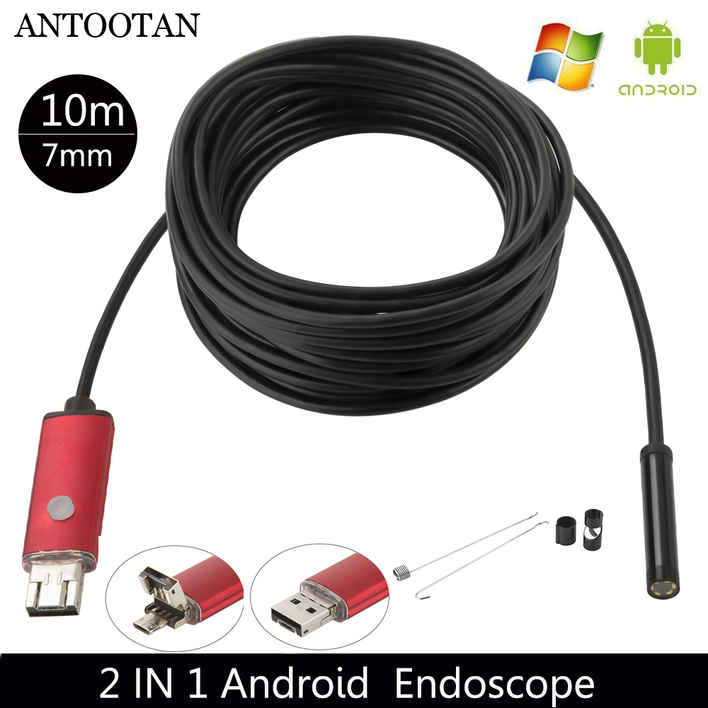 10 m Borescope USB Camera Endoscoop 7 MM OTG Micro USB Endoscopische Inspectie Camera met 6 LED voor Android/ win7/8/10