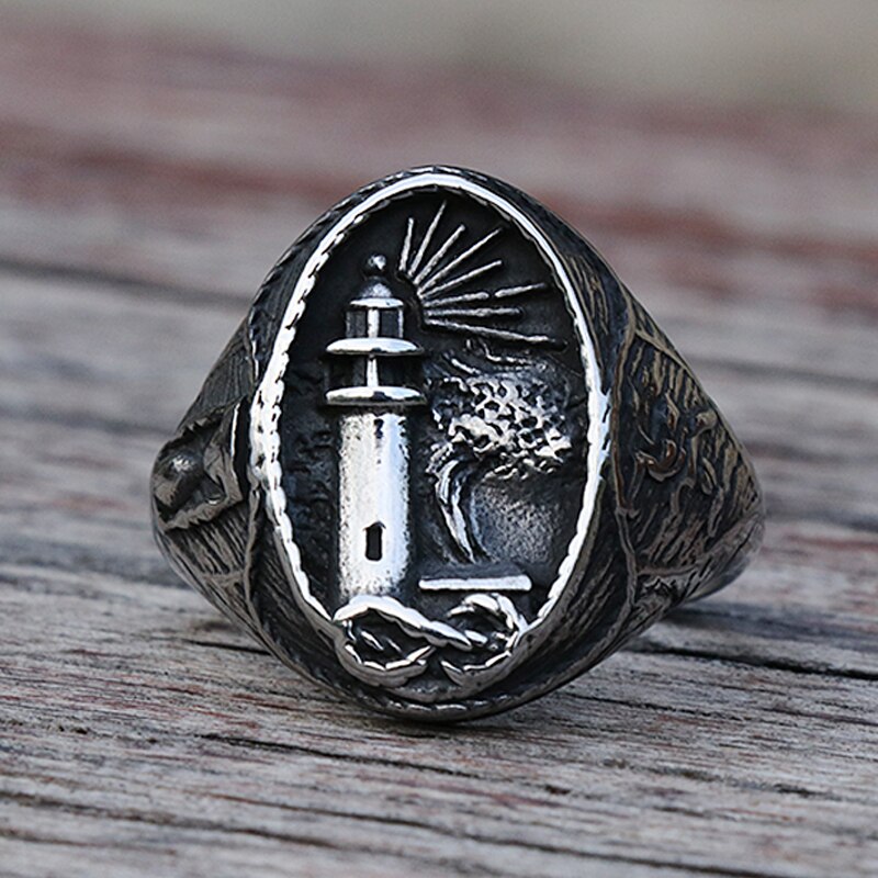 Anillo de vikingo de faro náutico Vintage para hombres, 316L náutico amuleto de acero inoxidable, anillo de sello, amuleto de la paz nórdica, de joyería