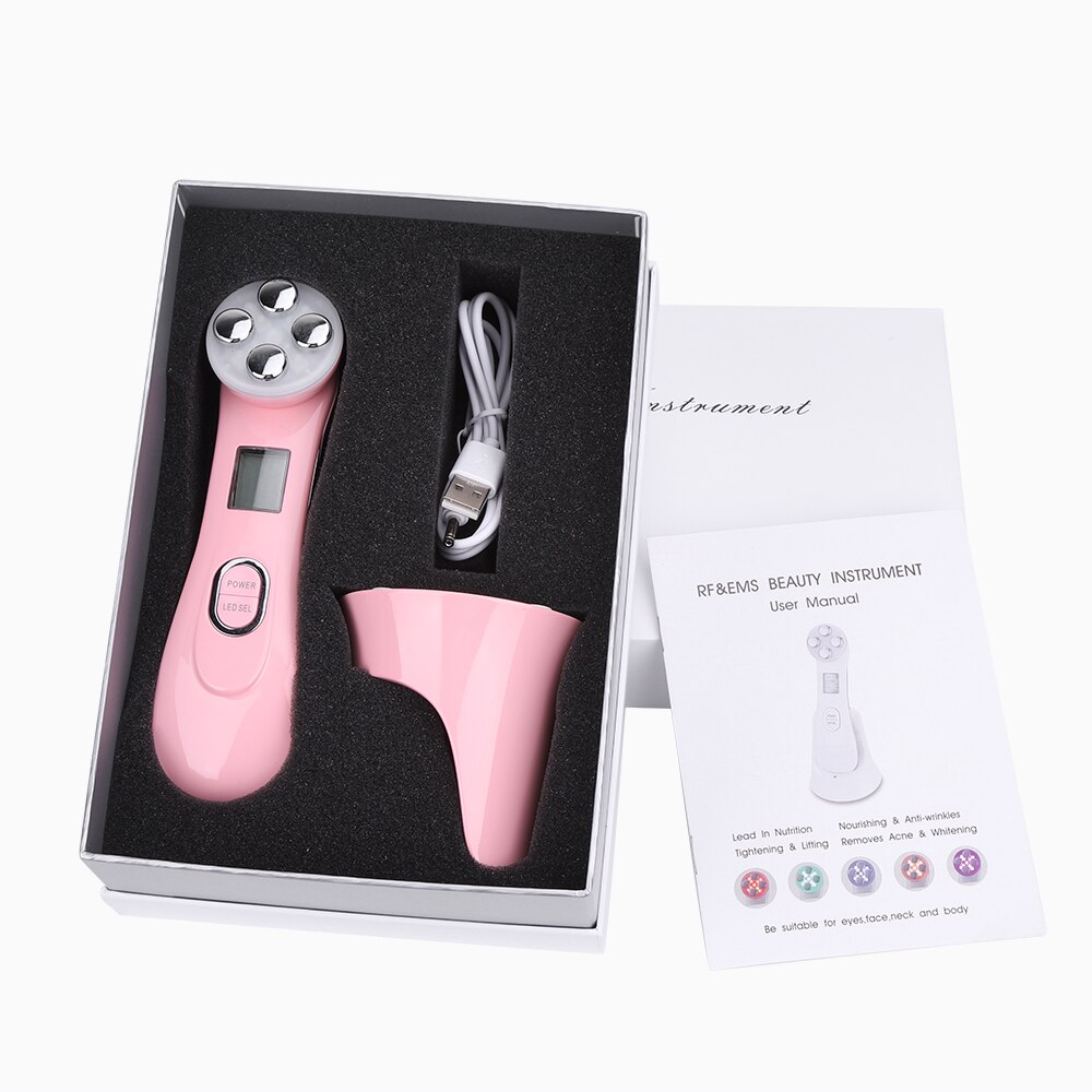Dispositivo 5 en 1 de mesoterapia por electroporación para belleza facial, radiofrecuencia, fotones LED para rejuvenecimiento de la piel, arrugas: Pink with box