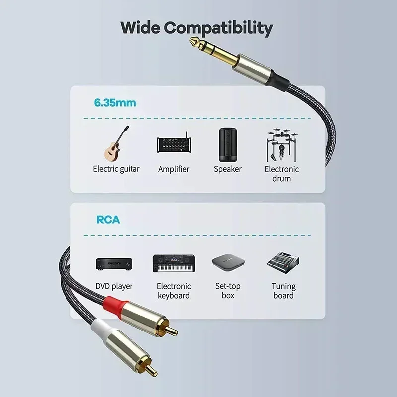 Cable de Audio Rca de 6,35 a 2, macho a macho, Cable de sonido estéreo TRS a Dual Rca de 1/4 pulgadas para amplificador, mezclador de cabeza de subwoofer, Cables equilibrados