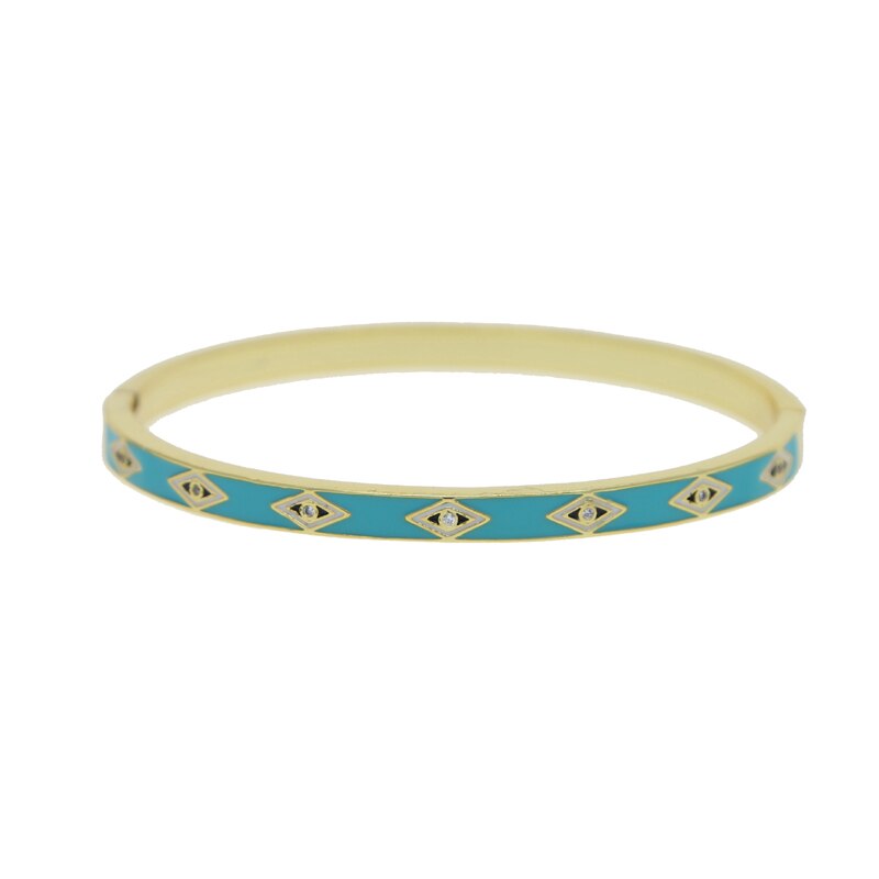 Evil Eye Bangle Bracelet for Women - Gold Color Enamel - Adjustable - Cubic Zirconia - Sdzstone: Light blue