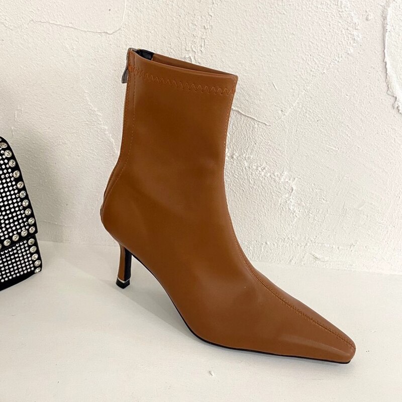 Women Ankle Boots Pointed Toe Stretch Botas Thin High Heels Black Beige Khaki Solid Color Pumps Winter Boots